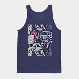 Mystical fungi // midnight blue background ivory pale blue and dark pink wild mushrooms Tank Top